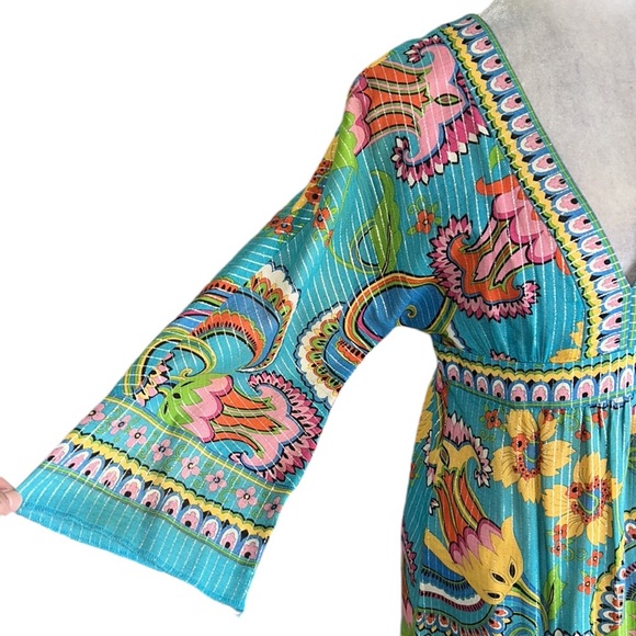 Trina Turk Floral & Metallic Silver Striped 3/4 Bell Sleeve Midi Dress - 4 - Picture 3 of 11